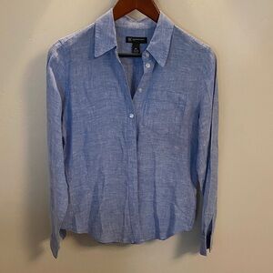 INC Light Blue Linen-Blend Casual Button-Down Top